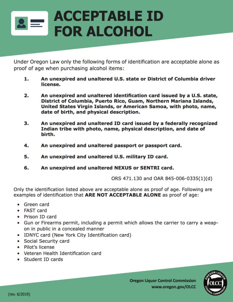   ACCEPTABLE ID FOR ALCOHOL
Under Oregon Law only the following forms of identification are acceptable alone as proof of age when purchasing alcohol items:
1. An unexpired and unaltered U.S. state or District of Columbia driver license.
2. An unexpired and unaltered identification card issued by a U.S. state, District of Columbia, Puerto Rico, Guam, Northern Mariana Islands, United States Virgin Islands, or American Samoa, with photo, name, date of birth, and physical description.
3. An unexpired and unaltered ID card issued by a federally recognized Indian tribe with photo, name, physical description, and date of birth.
4. An unexpired and unaltered passport or passport card.
5. An unexpired and unaltered U.S. military ID card.
6. An unexpired and unaltered NEXUS or SENTRI card.
ORS 471.130 and OAR 845-006-0335(1)(d)
Only the identification listed above are acceptable alone as proof of age. Following are
examples of identification that ARE NOT ACCEPTABLE ALONE as proof of age:
• Greencard
• FASTcard
• Prison ID card
• Gun or Firearms permit, including a permit which allows the carrier to carry a weap-
on in public in a concealed manner
• IDNYC card (New York City Identification card)
• Social Security card
• Pilot’slicense
• Veteran Health Identification card
• Student ID cards
Oregon Liquor Control Commission www.oregon.gov/OLCC
  (rev. 6/2019)
 